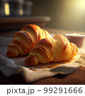 Morning luxury - tempting croissants in golden rays. 3D rendering 99291666