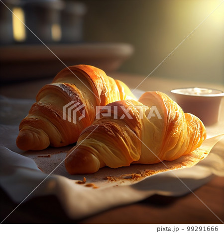 Morning luxury - tempting croissants in golden rays. 3D rendering 99291666
