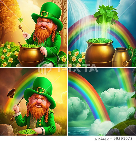 whimsical scene depicting a leprechaun with a pot of gold surrounded by shamrocks, clovers and a rainbow. AI generated whimsical scene depicting a leprechaun with a pot of gold surrounded by shamrocks, clovers and a rainbow. AI generated 99291673