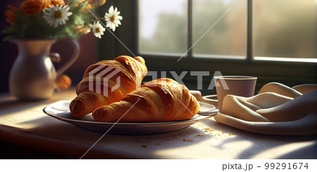 Morning luxury - tempting croissants in golden rays. 3D rendering 99291674