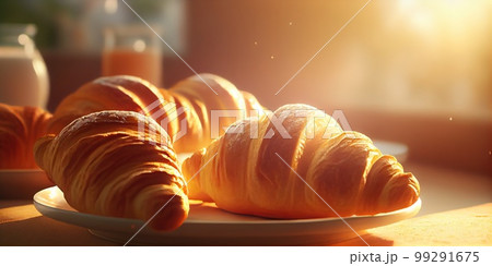 Morning luxury - tempting croissants in golden rays. 3D rendering 99291675