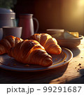 Morning luxury - tempting croissants in golden rays. 3D rendering 99291687