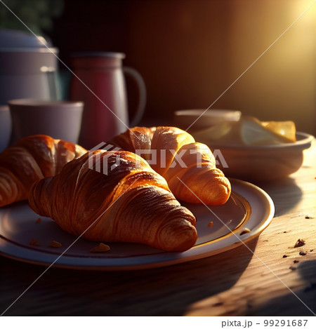 Morning luxury - tempting croissants in golden rays. 3D rendering 99291687