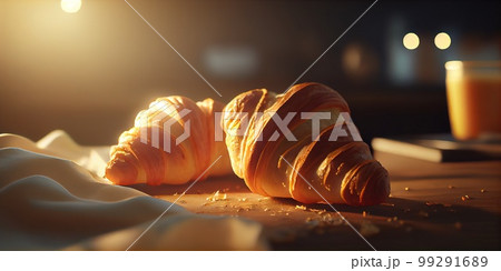 Morning luxury - tempting croissants in golden rays. 3D rendering 99291689