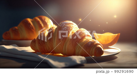 Morning luxury - tempting croissants in golden rays. 3D rendering 99291690