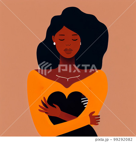 Female person is hugging herself. Love yourself concept. Embrace Equity is campaign theme of International Women's Day 2023 99292082