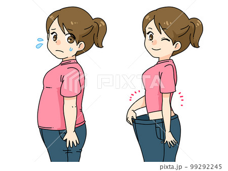 ダイエットに成功してズボンに隙間ができた元ぽっちゃり女性の漫画イラスト 99292245