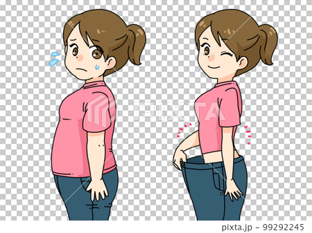 ダイエットに成功してズボンに隙間ができた元ぽっちゃり女性の漫画イラスト 99292245