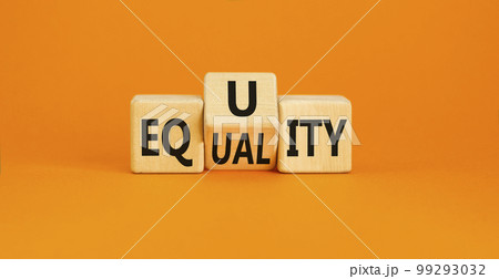 Equity or equality symbol. Concept word Equity Equality on wooden cubes. Beautiful orange table orange background. Business and equity or equality concept. Copy space. Equity or equality symbol. Concept word Equity Equality on wooden cubes. Beautiful orange table orange background. Business and equity or equality concept. Copy space. 99293032