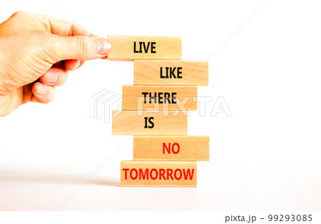 Live like no tomorrow symbol. Concept words Live like there is no tomorrow on wooden blocks. Beautiful white background. Businessman hand. Business Live like no tomorrow concept. Copy space. Live like no tomorrow symbol. Concept words Live like there is no tomorrow on wooden blocks. Beautiful white background. Businessman hand. Business Live like no tomorrow concept. Copy space. 99293085