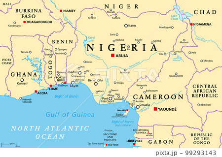 Nigeria and West Africa countries on the Gulf of Guinea, political map. Ghana, Togo, Benin, Nigeria, Cameroon, Equatorial Guinea, and Sao Tome And Principe, with borders, capitals and largest cities. Nigeria and West Africa countries on the Gulf of Guinea, political map. Ghana, Togo, Benin, Nigeria, Cameroon, Equatorial Guinea, and Sao Tome And Principe, with borders, capitals and largest cities. 99293143