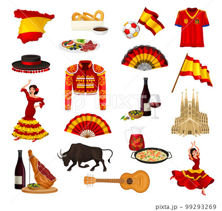 Spanish Traditional Symbols and Objects with Flag and Food Vector Set 99293269