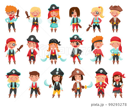 Cheerful Boys and Girls in Pirate Costumes with Sword or Saber Vector Set 99293278