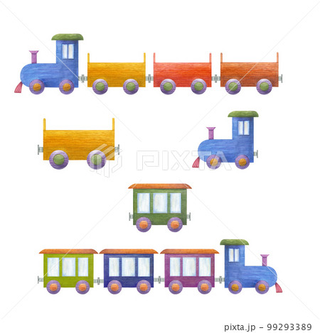 Watercolor illustration of a set of kid wooden train isolated on white background. Nursery, Kids Room Decor. Eco-friendly materials child toys. Print, poster, background, decor, wallpaper, wrapping. 99293389