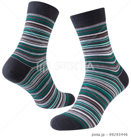 A pair of voluminous gray socks with green and white stripes of different thicknesses, on a white background 99293446