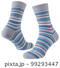 A pair of voluminous light gray socks with blue, brown and white stripes of different thicknesses, isolate 99293447