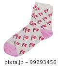 A pair of light beige socks with a pattern of many pink flamingos, on a white background 99293456
