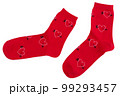 A pair of red socks with a pattern of many hearts, as if walking, on a white background 99293457