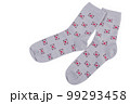 A pair of gray socks with a pattern of many postal envelopes, on a white background 99293458