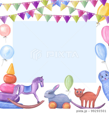 Watercolor illustration with kid wooden toys with ballons, flags isolated on white background. Nursery, Kids Room Decor. Eco-friendly materials Child Toys. Print, poster, background, postcard 99293501