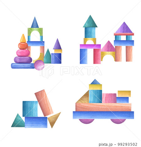 Watercolor illustration of a set of wooden building blocks isolated on white background. Eco-friendly materials baby toys. Print, poster, decor, wallpaper, wrapping. 99293502
