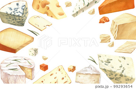 Watercolor different cheese frame template. Hand draw circle card background with food objects on isolated white. Drink for food menu, cafe, wine list, label, banner, flyer, brochure Watercolor different cheese frame template. Hand draw circle card background with food objects on isolated white. Drink for food menu, cafe, wine list, label, banner, flyer, brochure 99293654