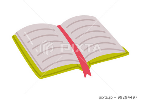 Opened hardback book with bookmark. School education, bookstore, library cartoon vector illustration Opened hardback book with bookmark. School education, bookstore, library cartoon vector illustration 99294497
