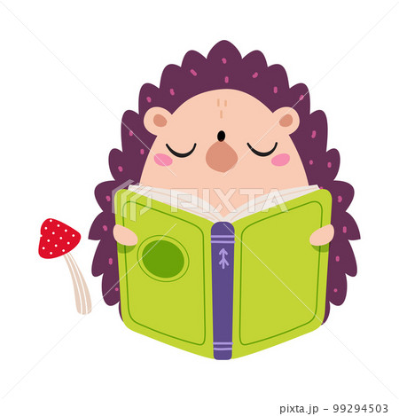 Cute baby hedgehog reading book. Smart wild animal character sitting with book cartoon vector illustration Cute baby hedgehog reading book. Smart wild animal character sitting with book cartoon vector illustration 99294503