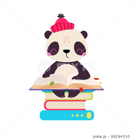 Cute baby panda reading book. Funny smart wild animal character in red knitted cap sitting with book cartoon vector illustration 99294510