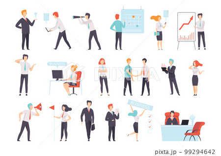 People working in office set. Men and women taking part in business meeting, negotiation, brainstorming, working at computer cartoon vector Illustration People working in office set. Men and women taking part in business meeting, negotiation, brainstorming, working at computer cartoon vector Illustration 99294642
