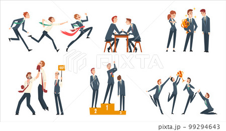 Business people taking part in professional competition set. Office team celebrating victory cartoon vector Illustration Business people taking part in professional competition set. Office team celebrating victory cartoon vector Illustration 99294643