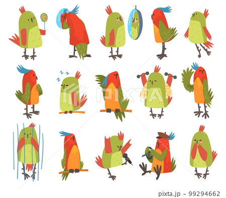Funny Parrot Perching, Looking in Mirror and Sitting in Cage Big Vector Set 99294662