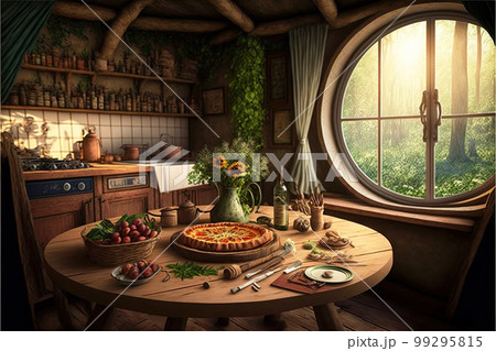 Fantasy house interior, food on table in kitchen at hobbit home, generative AI Fantasy house interior, food on table in kitchen at hobbit home, generative AI 99295815