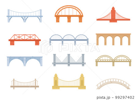 Bridge of construction vector cartoon set icon. Color graphic design. Set of Bridges, Urban Crossover Architecture and Construction for Transportation with Carriageway 99297402