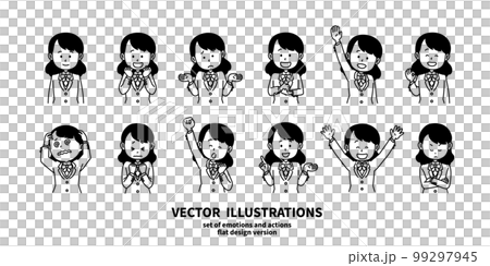 表情とジェスチャーのイラストセット 制服の女性 ブレザー モノクロ 表情とジェスチャーのイラストセット 制服の女性 ブレザー モノクロ 99297945