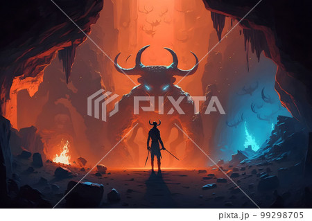 Theseus found the creature minotaur in cave labyrinth greek mythology tale. Neural network AI generated art Theseus found the creature minotaur in cave labyrinth greek mythology tale. Neural network AI generated art 99298705