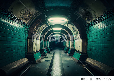 Underground subway tunnels in dirty obsolete condition. Neural network AI generated art 99298709