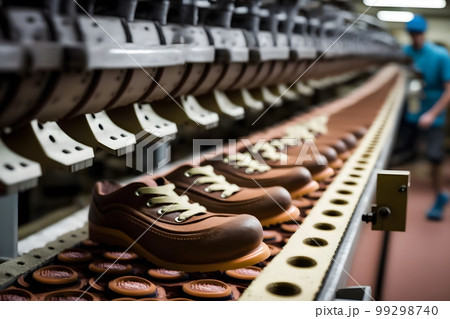 Machines and equipment of the shoe factory, modern footwear production. Neural network AI generated art 99298740