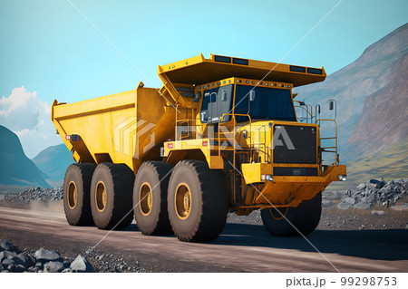 Open pit mine, extractive industry for coal. Big yellow mining truck machinery for coal quarry. Neural network AI generated art 99298753