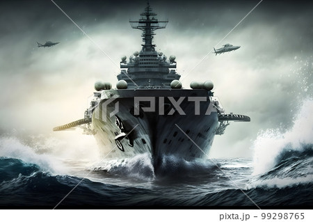 Navy aircraft carrier in wavy sea water. Neural network AI generated art 99298765