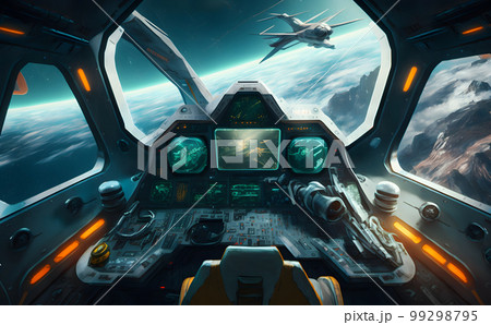 Airplane cockpit view during intergalaxy journey flight or spaceship battle. Neural network AI generated art Airplane cockpit view during intergalaxy journey flight or spaceship battle. Neural network AI generated art 99298795