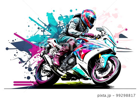 Sticker of Biker on sport motorcycle in watercolor style on white background. Neural network AI generated art Sticker of Biker on sport motorcycle in watercolor style on white background. Neural network AI generated art 99298817