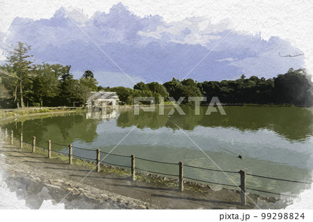 水彩画風　橿原神宮　深田池　奈良県橿原市 99298824