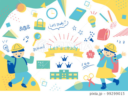 ランドセル姿の子どもと学校生活アイコンセット 99299015