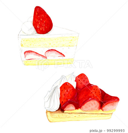 手描き水彩のシンプルないちごショートケーキといちごタルトのセット