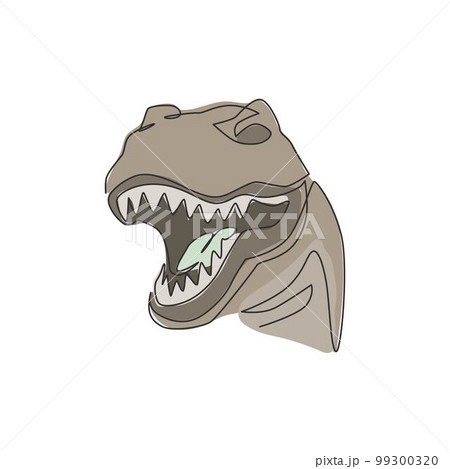 Single continuous line drawing of tyrannosaurus rex head for logo identity. Prehistoric animal mascot concept for dinosaurs theme amusement park icon. One line draw graphic design vector illustration 99300320