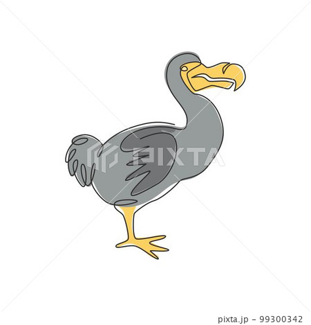 One continuous line drawing of cute funny dodo bird for logo identity. Extinct animal mascot concept for museum zoo icon. Trendy single line draw design graphic vector illustration 99300342