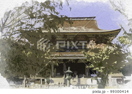 水彩画風　吉野　金峯山寺　本堂（蔵王堂）　奈良県吉野郡吉野町 99300414