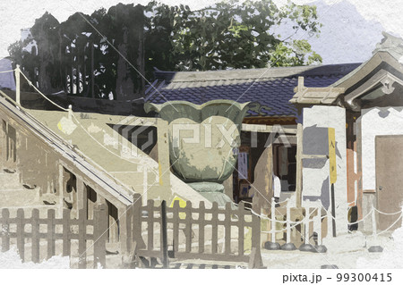 水彩画風　吉野　金峯山寺　本堂（蔵王堂）　奈良県吉野郡吉野町 99300415