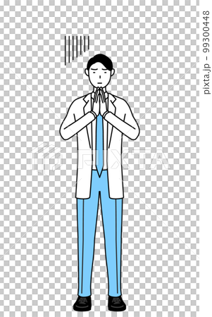 体の前で手を合わせて謝る白衣を着た男性医師 体の前で手を合わせて謝る白衣を着た男性医師 99300448